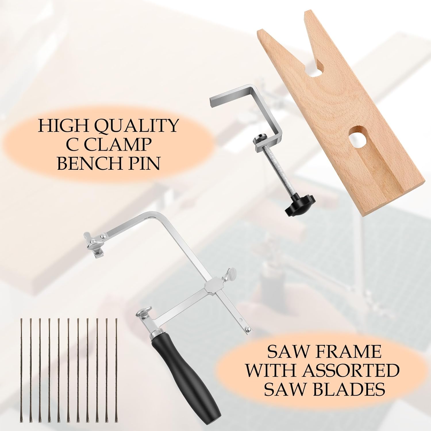 Jewelry Making Table - 3-in-1調整可能なジュエリーソーセット（12枚の刃と木製ベンチピンクランプ付き）金属・木材加工用工具、ジュエリー製作に最適