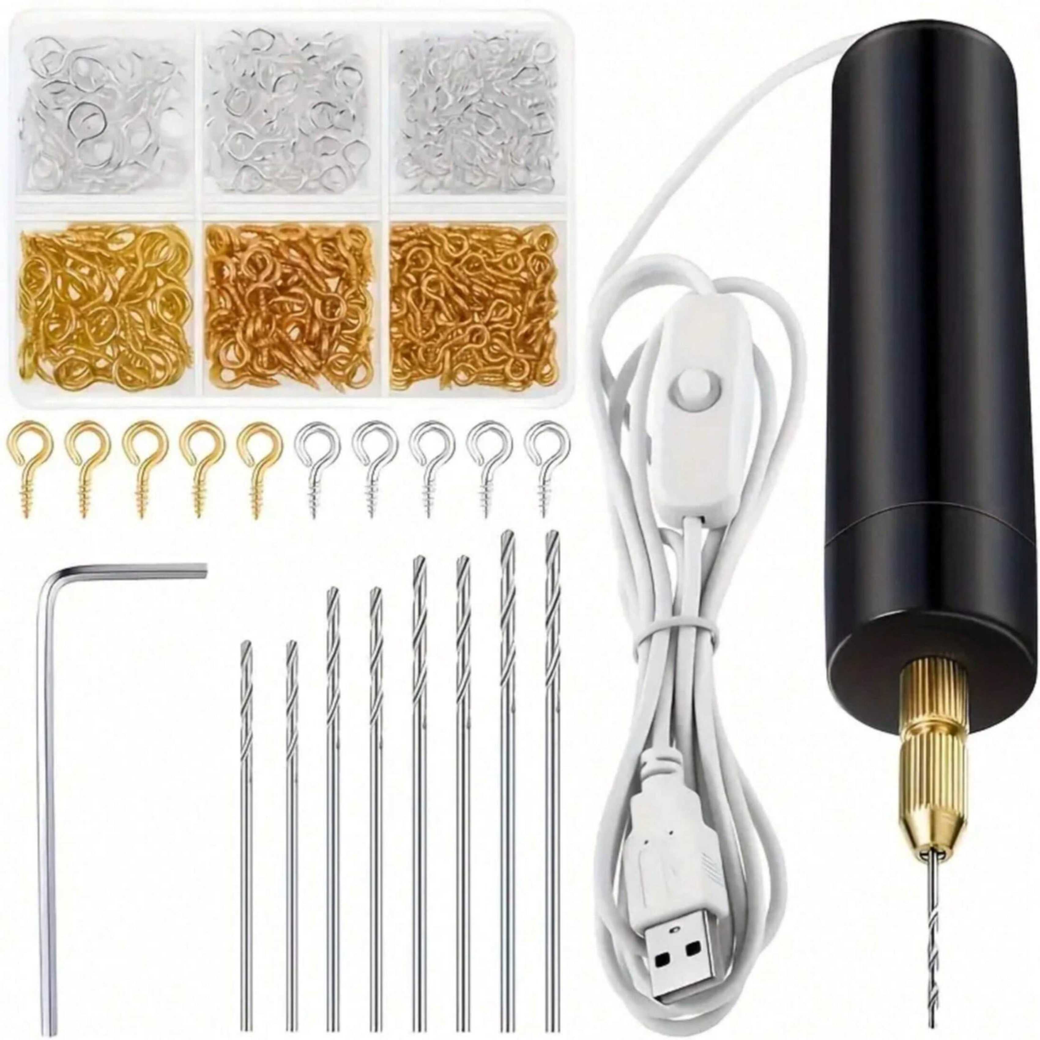 Jewelry Making Dc - 【ミニ電動ドリルセット】10個入り／110個入り／410個入り。USB電源式のミニ電動ドリルセット。ドリルビット、レンチ、六角軸バイス、レジン成形用型、DIYキーホルダー、クラフト用品がセットになっています。レジン、プラスチック、木材、ポリマークレイ、ジュエリー、キーホルダーペンダントの製作に最適。3種類の異なる組み合わせで、さまざまなニーズに対応します。
