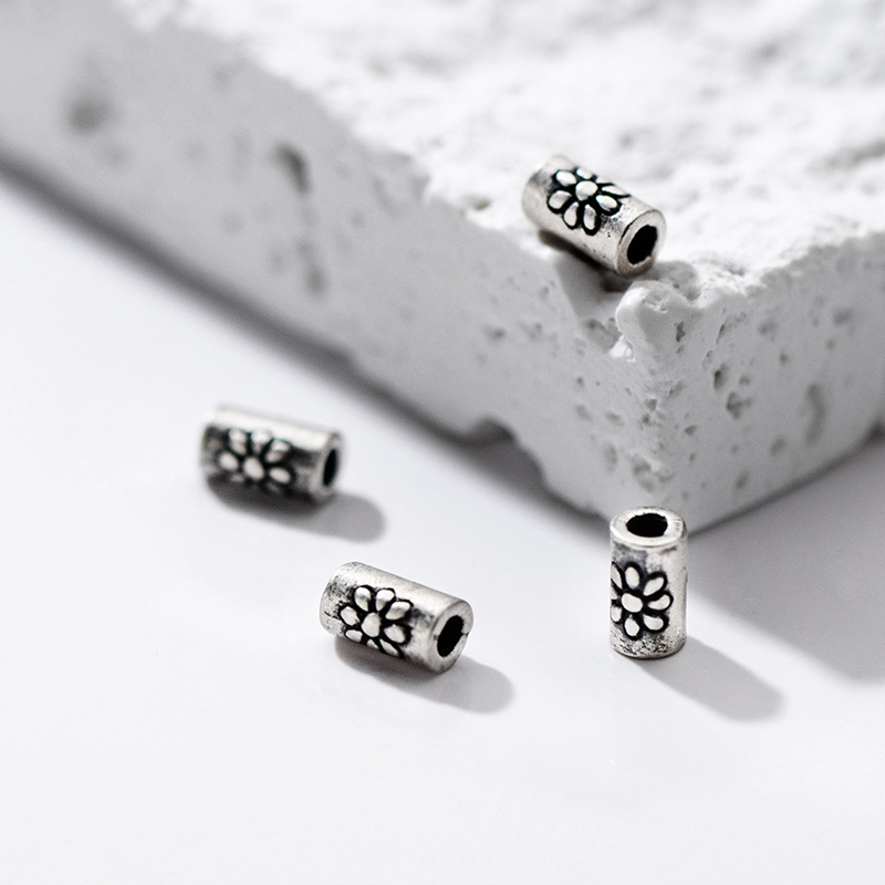 Jewelry Making In La - 925シルバー スペーサービーズ デイジーフラワー彫刻 シリンダー型ルースビーズ DIYブレスレット ジュエリー製作アクセサリー